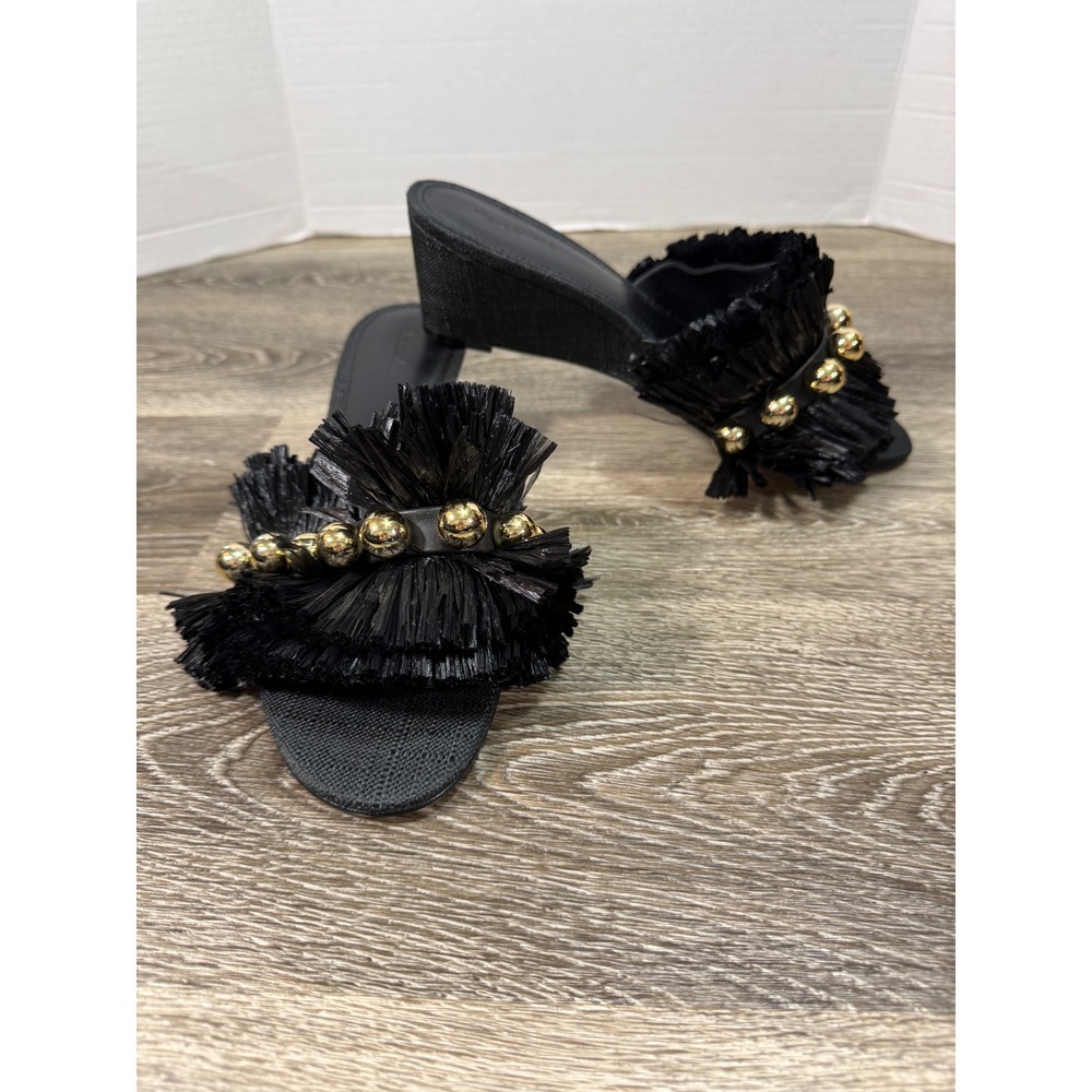 Mara & Mine Shoes Women's 9 Black Raffia Fringe Gold Beads‎ Wedge Slide Sandals